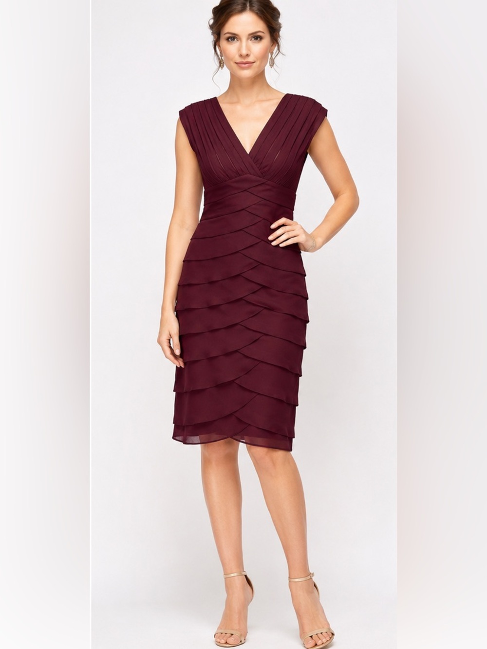 Adrianna Papell Burgundy Sheer Panel Pleated Cocktail Dress Size 4